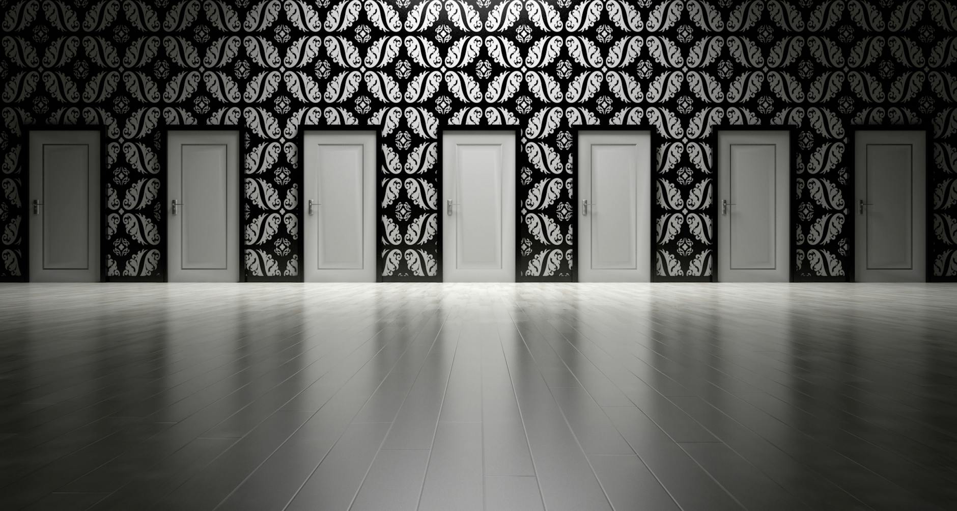 seven white closed doors