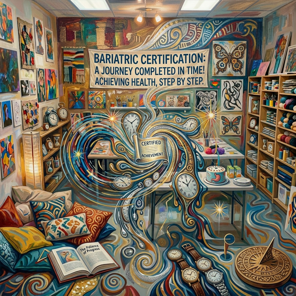 Group of people celebrating certification ceremony in an art studio with colorful paintings and a congratulatory banner
